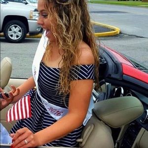 Navy blue and white stripe off the shoulder dress